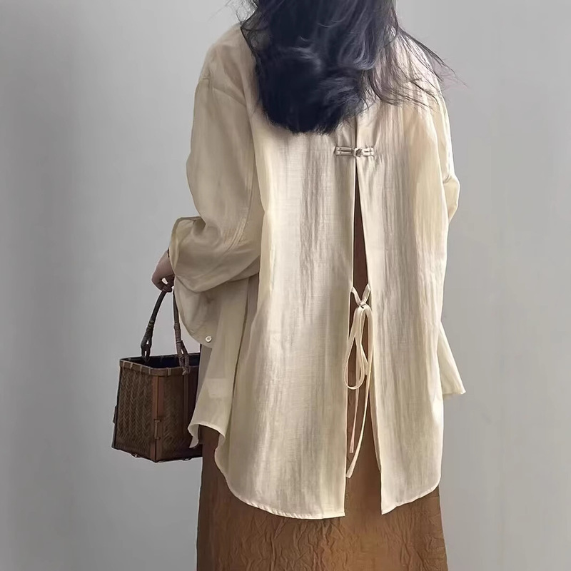 New Chinese-style Buckle Thin Tencel Sunscreen Lace-up Shirt Women's Summer Split Long-sleeved Top National Style Casual Loose Shirt