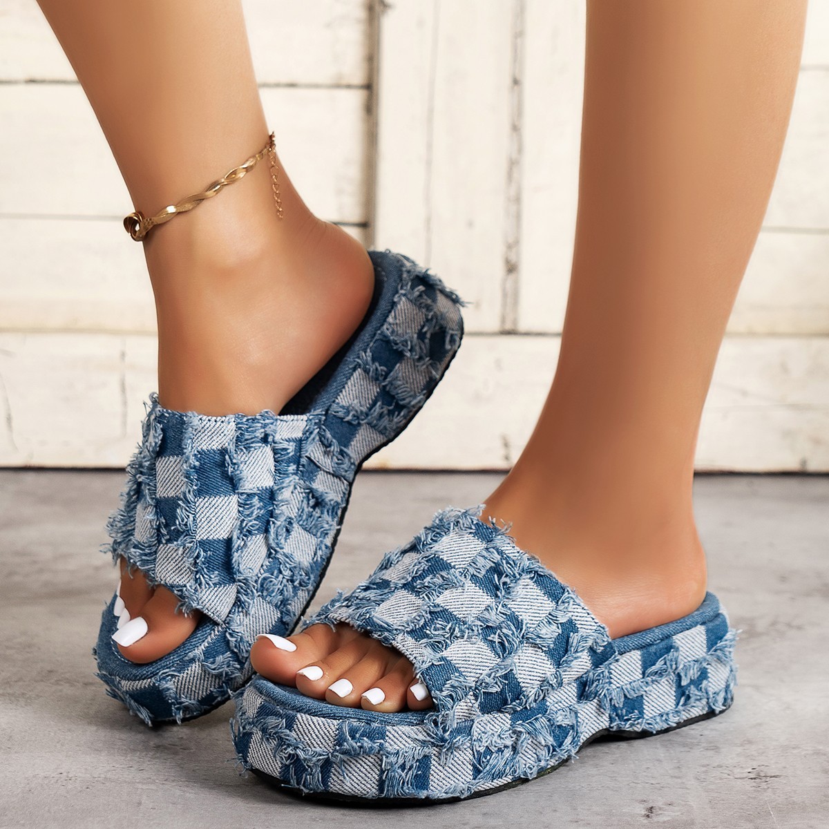Zapatillas de tela de celosía lavados con telas de jeans con patrón geométrico Jacquard Zapatillas de celosía Zapatillas de mujer