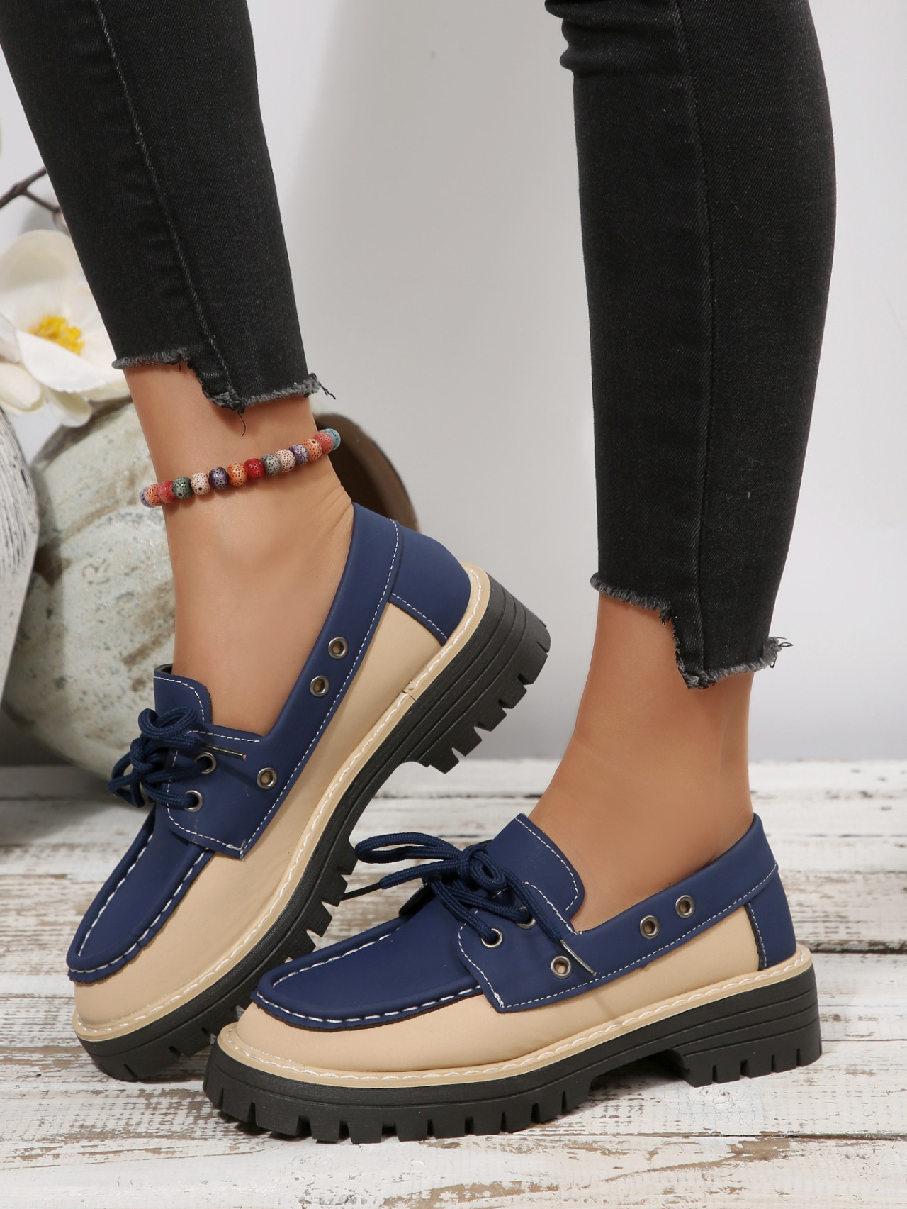 Women's Colour Block Loafers Lace Up Thick Sole Platform Shoes_voghion.com