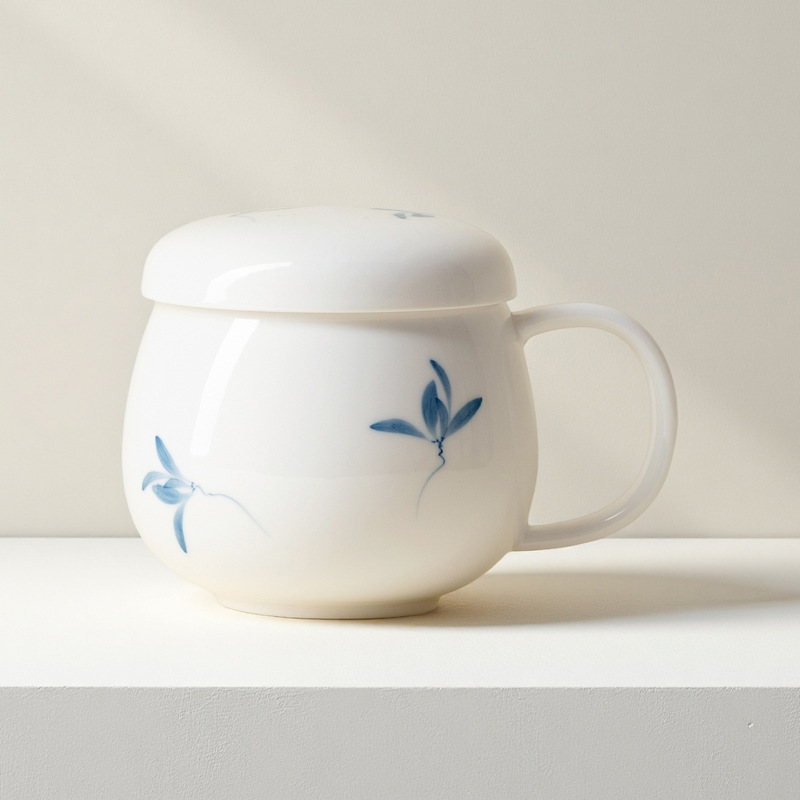 墨己白瓷马克杯带盖陶瓷杯子办公室专用水杯过滤泡茶杯茶水分离杯|undefined