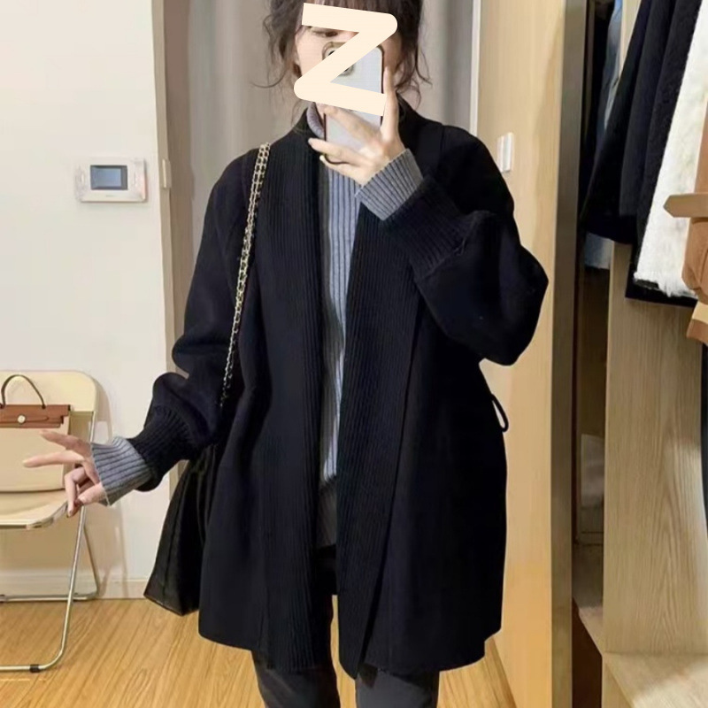复古法式黑色毛衣外套开衫女秋冬季新款宽松慵懒风中长款针织上衣|undefined