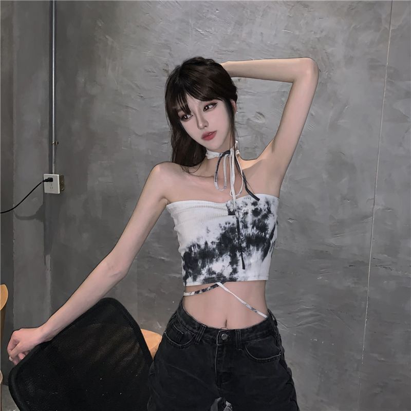 American-Style Design Tie-Dye Sexy Tube Top for Women, Summer Korean Style Hot Girl Style Slim Fit Short Top