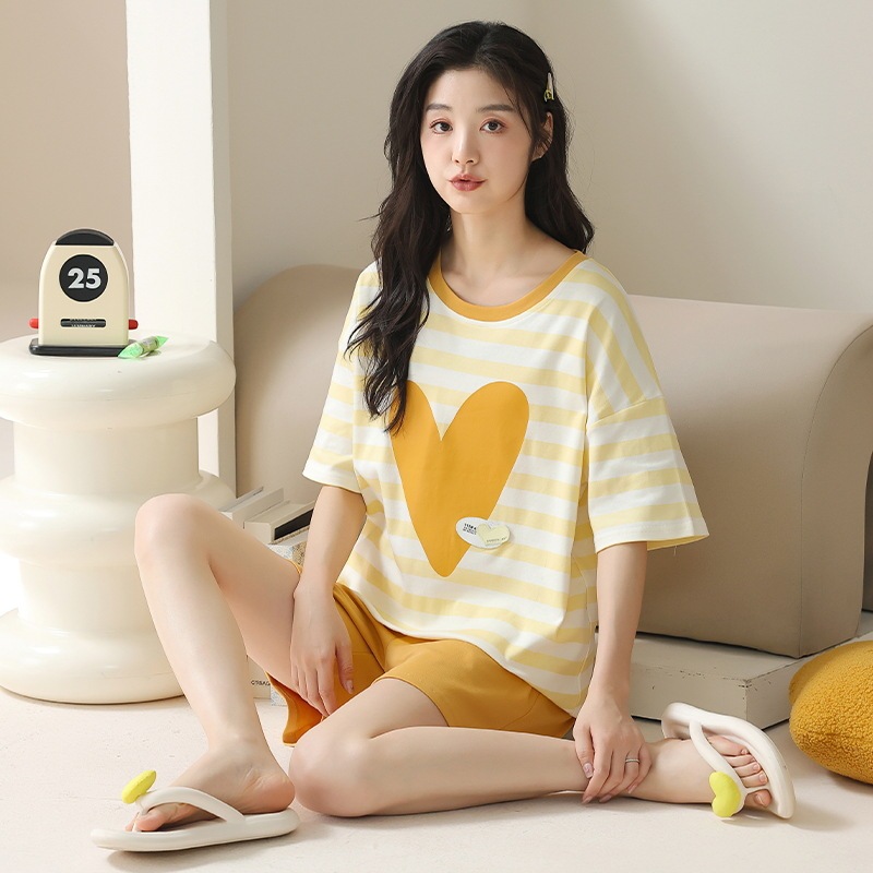 [7A Antibacterial] Pajamas Women's Summer Cotton Short-sleeved Shorts Round Neck Thin Casual plus size Home Clothes Two-piece Set