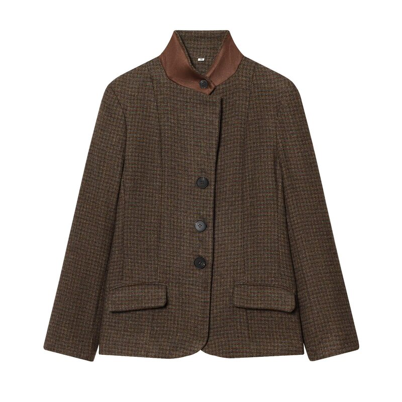 Cross-Border European and American Style Women's French Stand-Collar Slim-Fit Wool Coat Versatile High-End Tweed Short Blazer