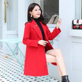 秋冬新款韩版收腰显瘦毛呢外套女中长款大码西装领呢子大衣外贸潮