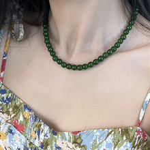 中式复古深绿色显白绿色水晶串珠颈链玉色新中式项链元宝扣锁骨链