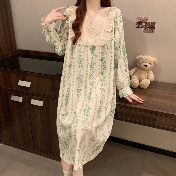 2025 pijama de otoño mujer delgado tejido pijama nubes de algodón de encaje dulce princesa vestido de vestir al por mayor