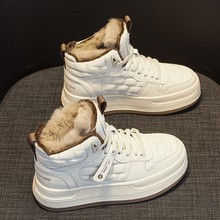 冬季加绒兔毛雪地靴女2025新款休闲厚底运动板鞋真皮加厚保暖棉鞋