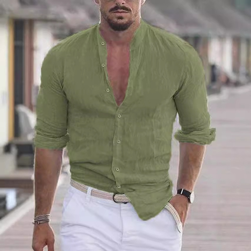 2023 Men's Linen Shirt Summer Beach Shirt Collar Long Sleeve Solid Color Holiday Clothing Daily Wear Clothing
