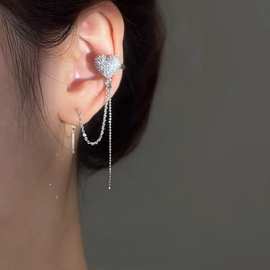 韩系新款微镶锆石爱心耳骨夹耳线一体式气质长款流苏感耳饰