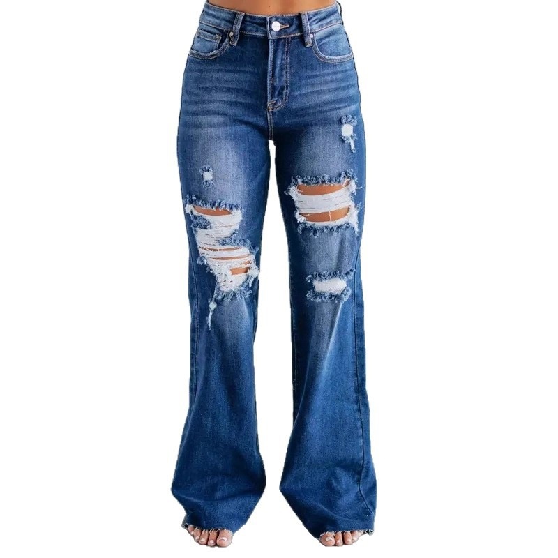 Jeans Rotos de Pierna Ancha y Cintura Alta en Mezclilla de Algodón image 6