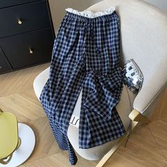 レースウエストチェック柄パンツカジュアル夏怠惰でリラックスしたワイドレッグハイウエストスリムドレープストレートパンツ