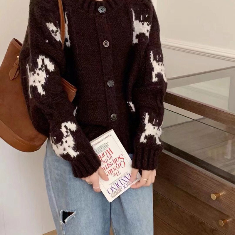 회색 강아지 스웨터 코트 여성의 가을과 겨울 두꺼운 짧은 느슨한 작은 게으른 하이 엔드 니트 카디건 이른 가을