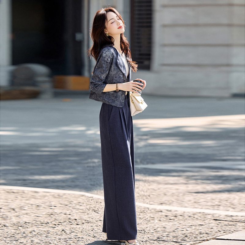 高定时尚休闲西装套装女2025秋季新款显瘦长袖短外套阔腿裤两件套|undefined