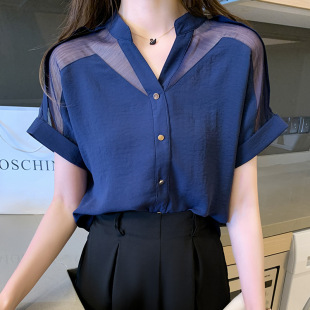 Real shot chiffon shirt short-sleeved new 2025 summer style very fairy top V-neck loose super fairy western style shirt