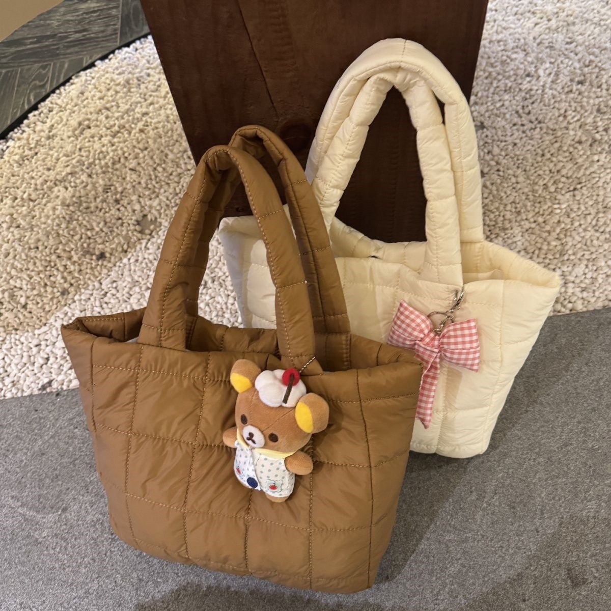 Caramel-colored square tote bag with cotton embroidery, large capacity (top width 38, bottom width 30, side width 23, base width 8X5)