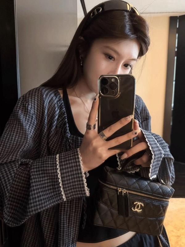 覆古格子衬衫外套女2025春秋设计款领口抽绳袖口蕾丝防晒格纹开衫|undefined