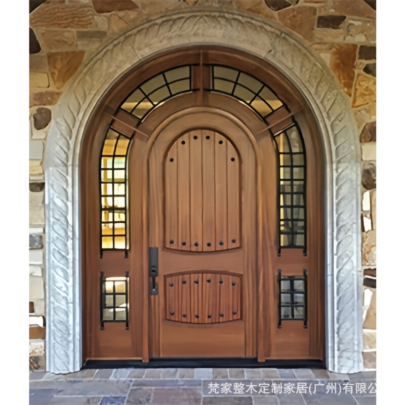 European-Style Carved Solid Wood Door with Glass Side Windows, Vintage High-End Entrance Door, French-Style Arched Front Door European-Style Carved Solid Wood Door with Glass Side Windows, Vintage High-End Entrance Door, French-Style Arched Front Door