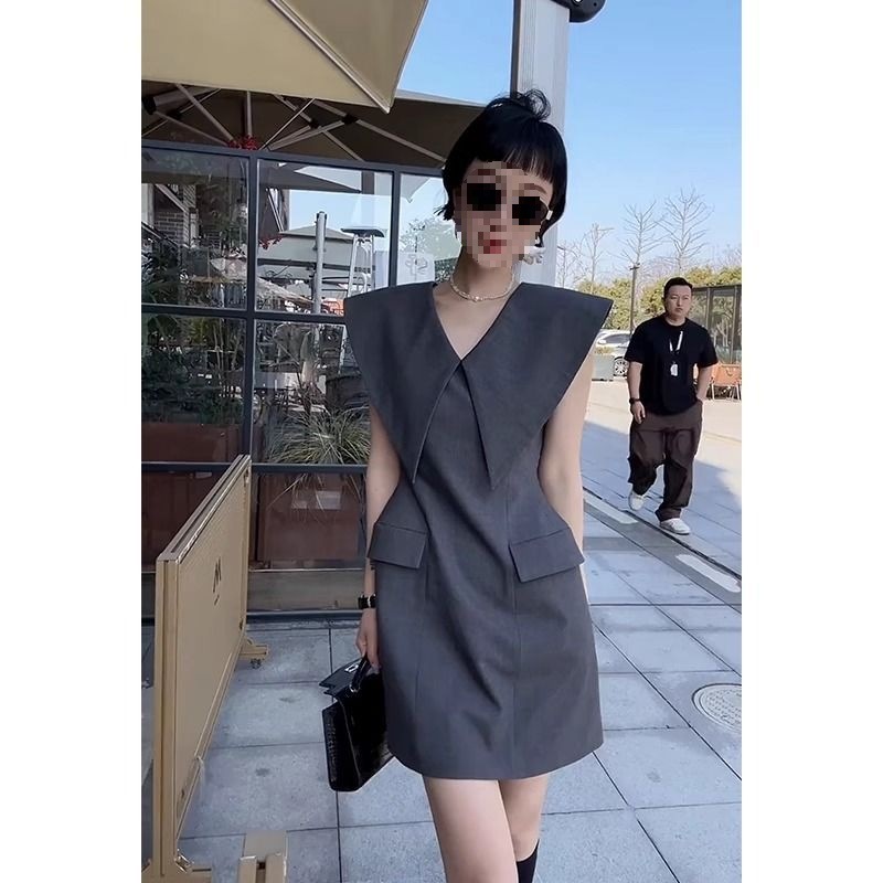 Đầm nữ ve lớn không tay thắt eo phong cách Pháp màu xám — màu đen, màu xám chi tiết 6