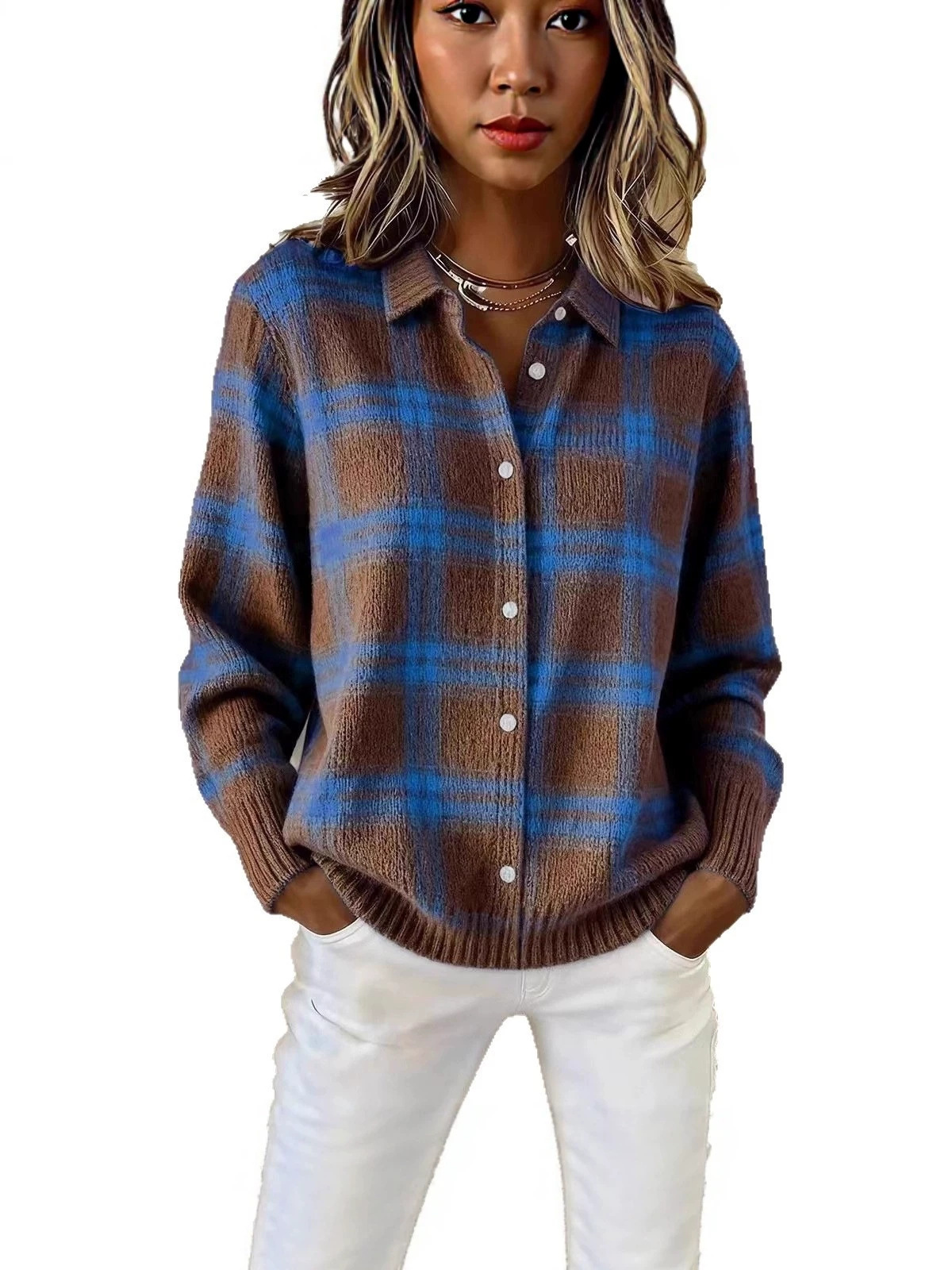 Europa y Estados Unidos transfronterizos Amazon estación independiente de mujer caudal relajado caño invierno cuadrado camisa de cuello largo suéter cardigan