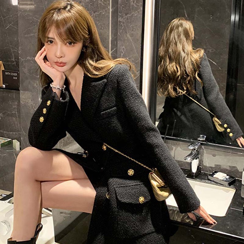 High-End Luxury Socialite Style Dress for Women, New Spring/Autumn 2026 Elegant Black Waist-Cinching Blazer