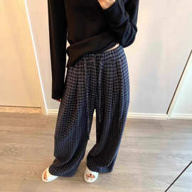 撞色格子阔腿裤女秋季垂感软糯针织高腰小个子窄版直筒休闲拖地裤