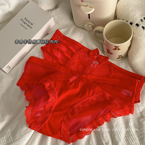 Zodiac year red underwear for women pure cotton crotch sexy lace girls low waist seamless hot pure lust style briefs