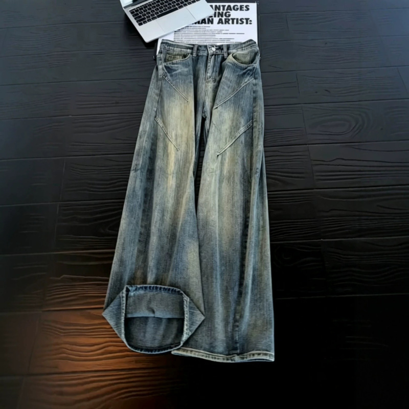 Cleanfit retro blue bamboo-patterned curved-leg jeans, men's American street style, structured patchwork, straight-leg, wide-leg pants
