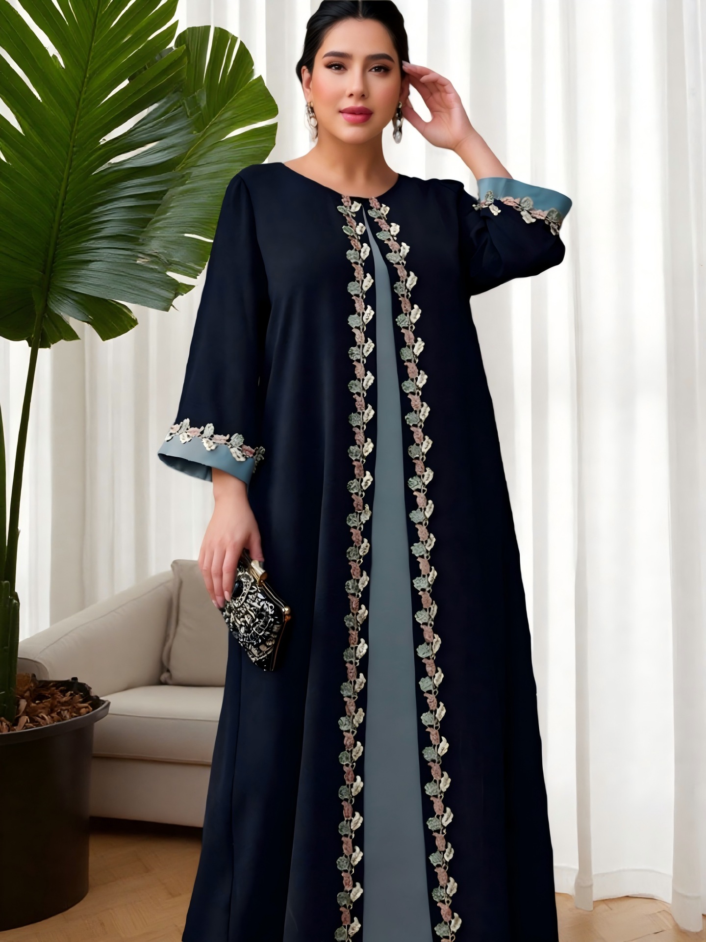 Exclusive Cross-border Supply Of Middle Eastern Robes, Muslim Fashion Navy Blue Embroidered Patchwork Abaya Plus-size_ecoleips.com