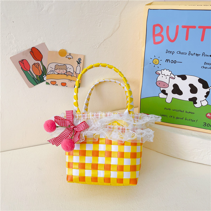 Al por mayor pastoral cesta de verduras niña los niños dibujos animados conejo fresco color tejido bolso la muchacha