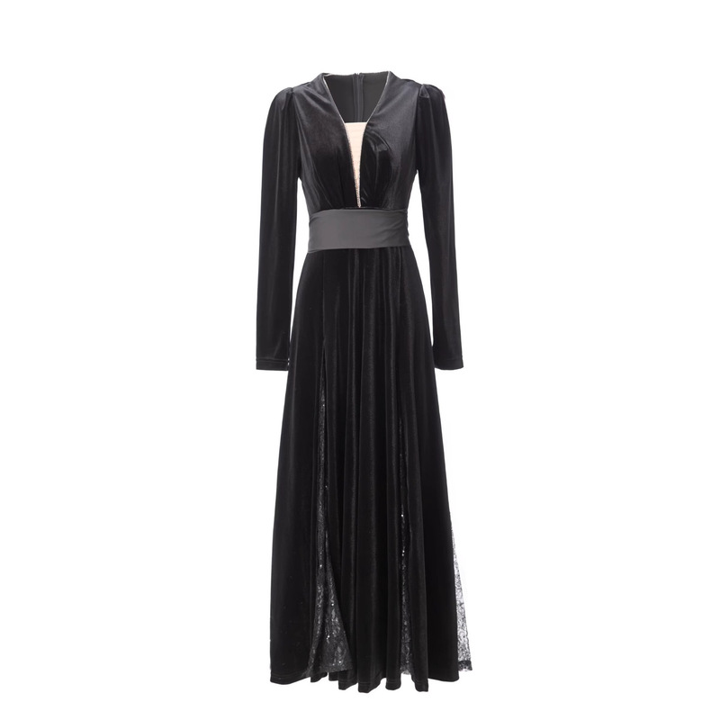 Black Velvet Evening Dress for Women 2025 New V Neck Waist Lace Splicing Elegant Long Banquet Dress