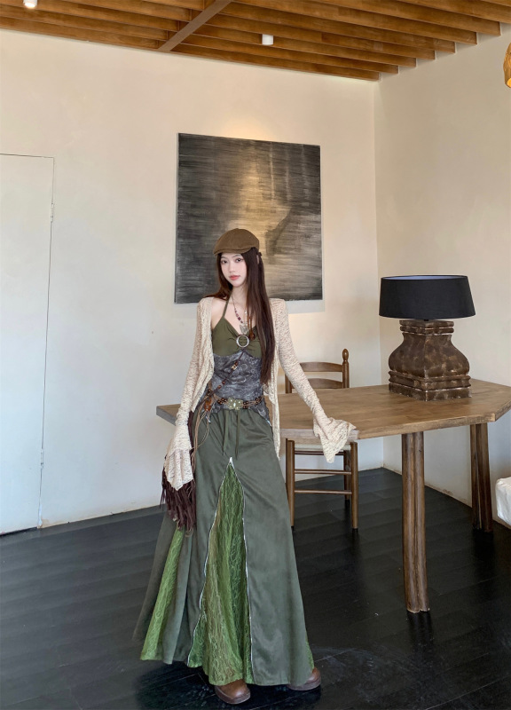 适美薄款开衫外套撞色挂脖吊带女夏季蕾丝拼接半身长裙三件套|undefined