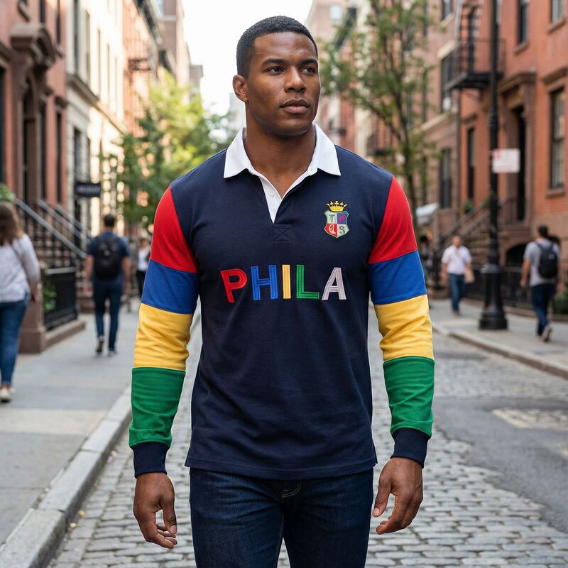New Men's Polo Shirt Long Sleeve American PHILA Philadelphia Sports Leisure Fashion Contrast Color Stitching Pure Cotton Embroidery