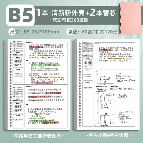 [Thick paper] B5·Fresh powder·Case + 2 blanks (small questions + large questions) 120 sheets