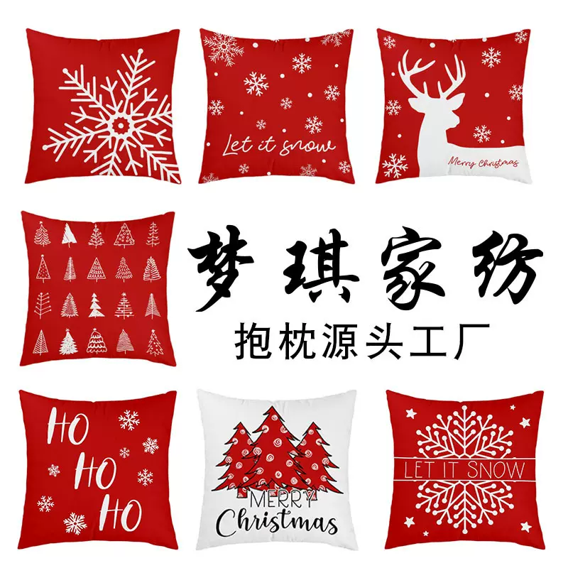 新款跨境圣诞节短毛绒抱枕套桃皮绒数码印花靠垫套圣诞雪人图案