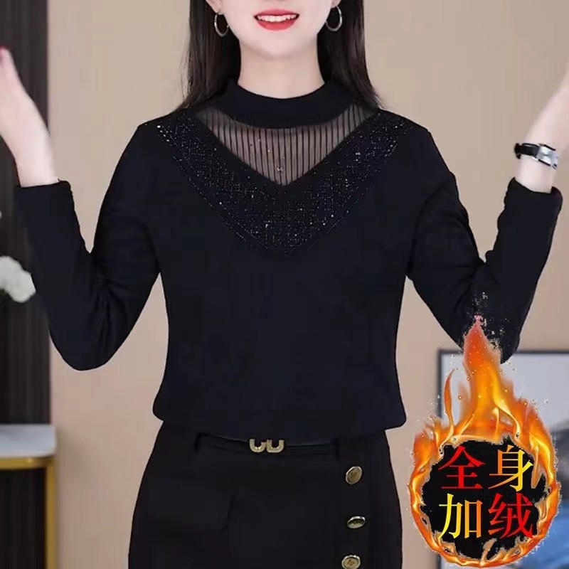 时尚妈妈装秋冬季加绒加厚打底小衫女士新款百搭保暖洋气长袖上衣