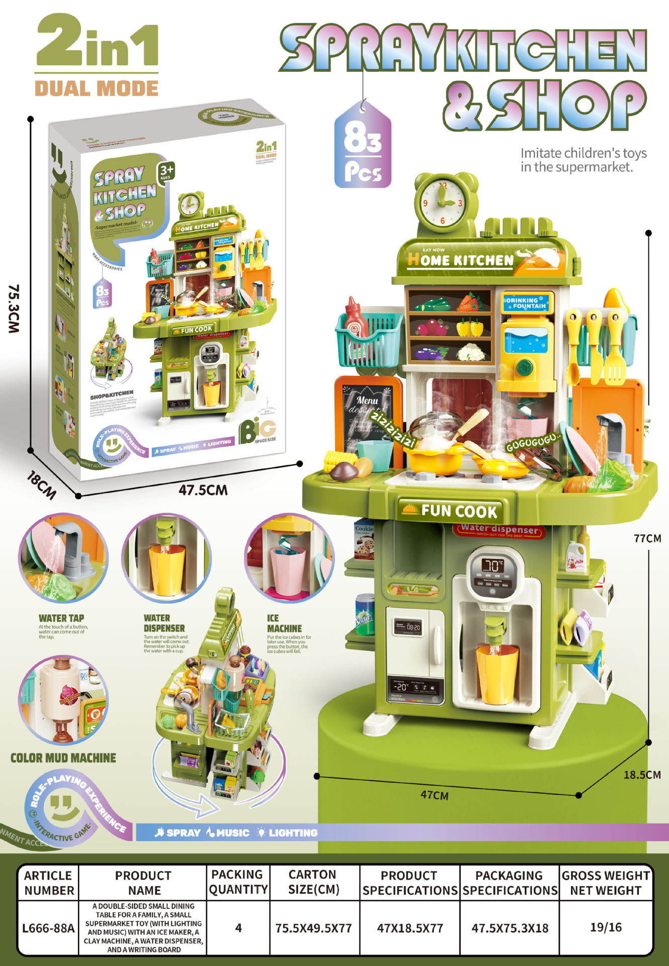 El Comercio exterior 77CM de doble cara de los niños de simulación de spray de cocina cajero de agua vajilla de cocina Play House supermercado Juguetes