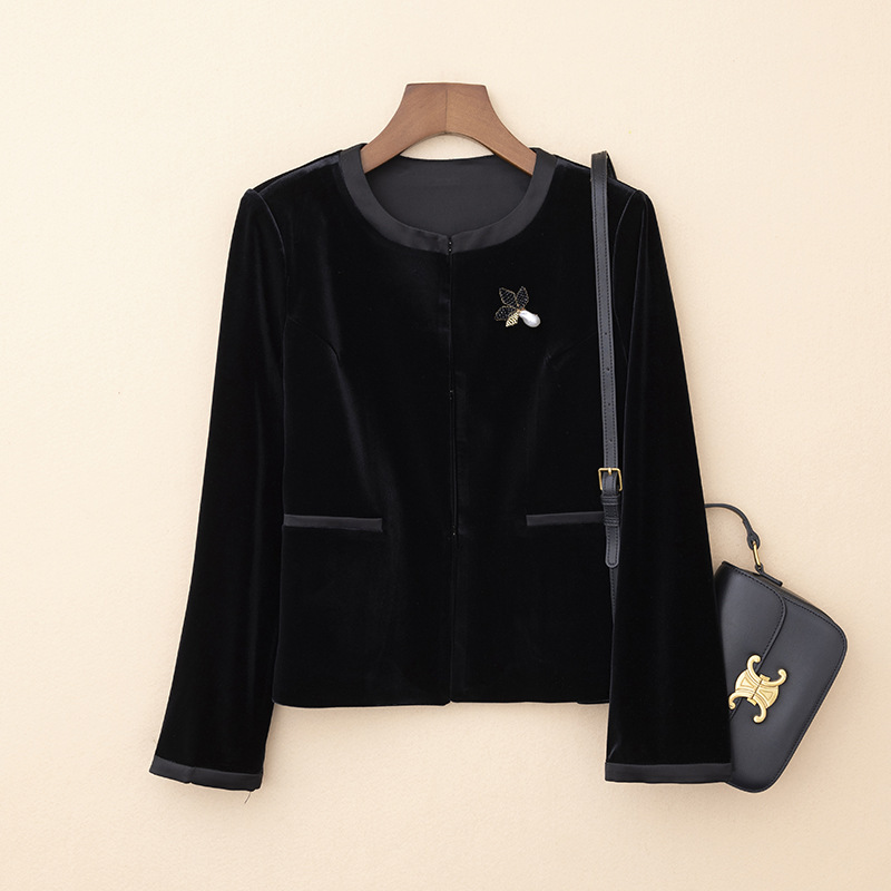 High-end Chanel Style Brooch Gold Velvet Jacket Top Small Suit Simple Design Long Sleeve Short Jacket Round Neck Cardigan