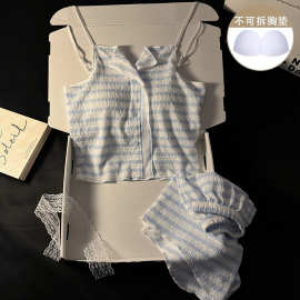 2025年夏季莫代尔韩版条纹吊带睡衣女带胸垫薄款纯欲风家居服套装