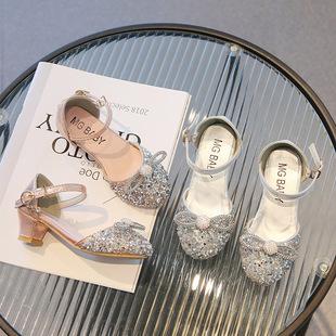 Girls Princess Shoes Korean Style Children's Crystal Shoes 2025 New High Heel Single Shoes Medium and Large Children's Baotou Dance Sandals Trendy