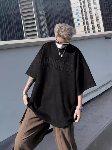 Pink Suede Short-Sleeve T-Shirt for Men - Summer American Heavyweight Steel Printing Oversize Loose Casual Half-Sleeve T-Shirt