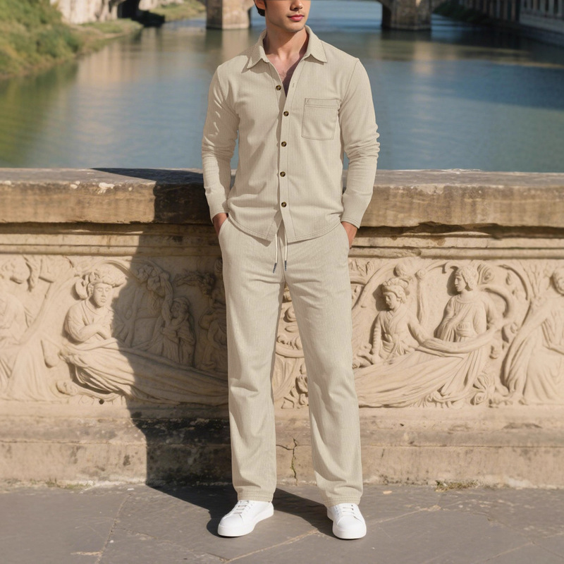 Amazon European and American Cross-Border New Corduroy Men's Four-Season Casual Button-Down Shirt Cardigan Long-Sleeved Pants Suit