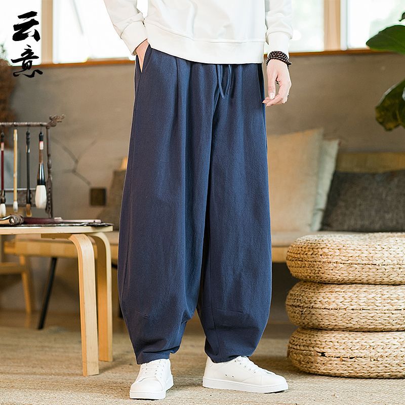 Pantalones de Tai Chi Pantalones de entrenamiento de artes marciales de talla grande de estilo chino de primavera y otoño para hombres Pantalones de bombachos sueltos de pierna ancha Pantalones largos de kung fu de algodón y lino