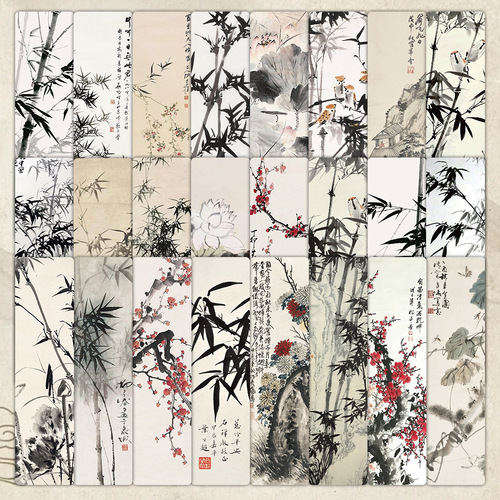 Original 100 Designs of Chinese Ink Wash Painting Bookmarks, 24 Pieces, Student Reading Annotation, High-Quality Cultural and Creative Paper Gift