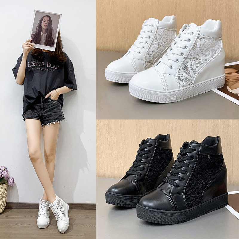2024 summer new Korean version of the increased sneakers women's thick bottom hollow breathable lace small white shoes women's shoes wholesale