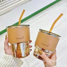 韓版加厚水杯吸管玻璃杯耐熱帶蓋大容量咖啡ing風水杯帶杯套批發
