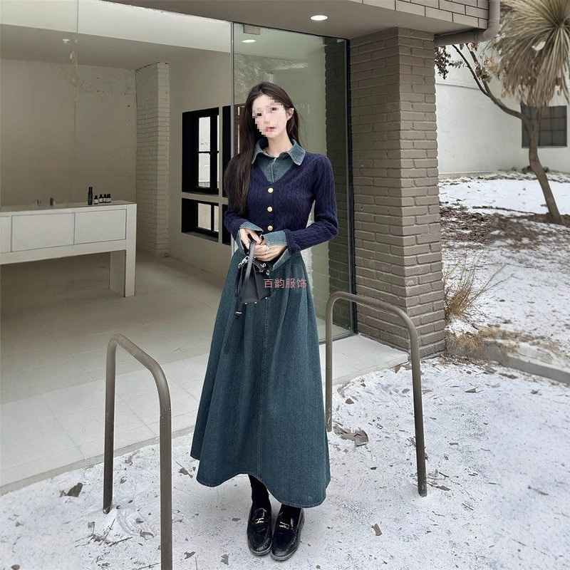 针织拼接假两件牛仔两件套上衣女装秋冬季新款a字半身裙套装裙子|undefined
