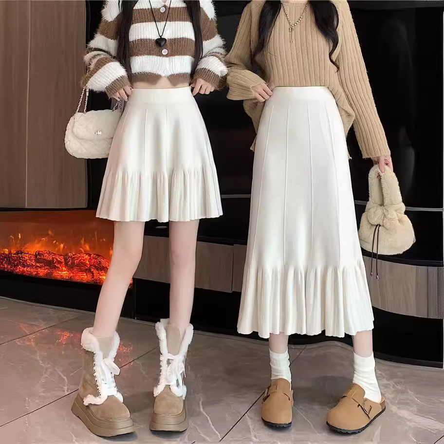 Design knitted autumn long pleated skirt