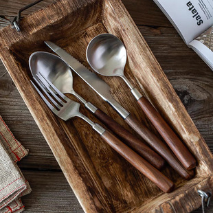 Japanese walnut stainless steel tableware spoon solid wood knife, fork and spoon set three-piece set with wooden handle Western steak knife and fork