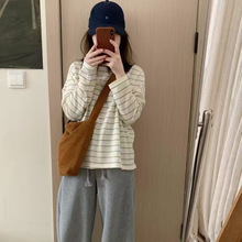 2026春夏新款韩系条纹刺绣宽松圆领雪花棉长袖小衫打底女2806